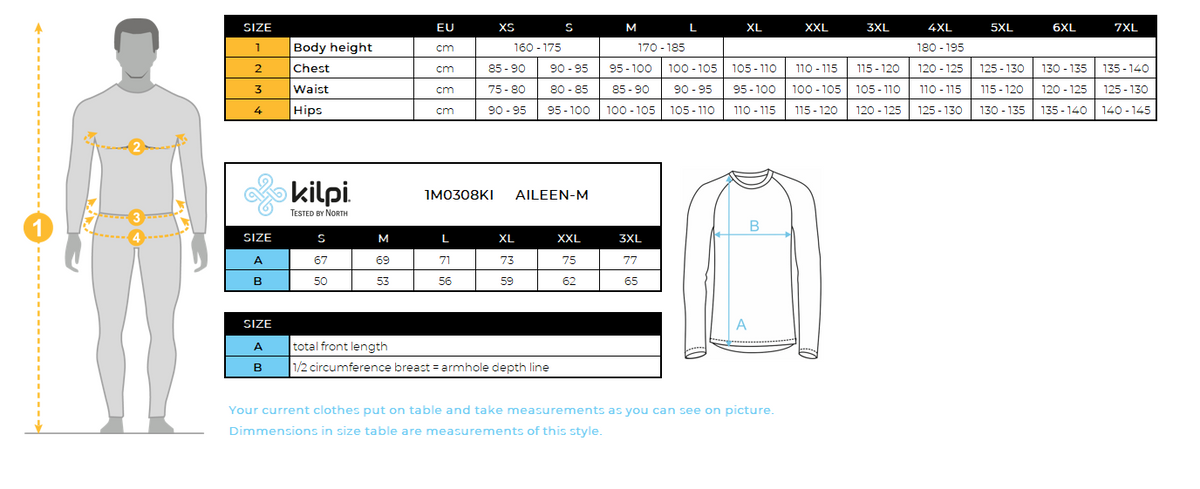 Herren-Laufjacke Kilpi AILEEN-M – Größentabelle