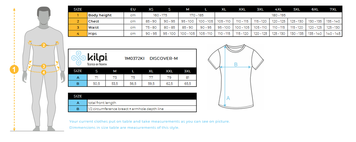 Herren-T-Shirt aus Baumwolle Kilpi DISCOVER-M – Größentabelle