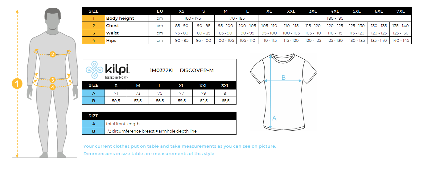 Herren-T-Shirt aus Baumwolle Kilpi DISCOVER-M – Größentabelle