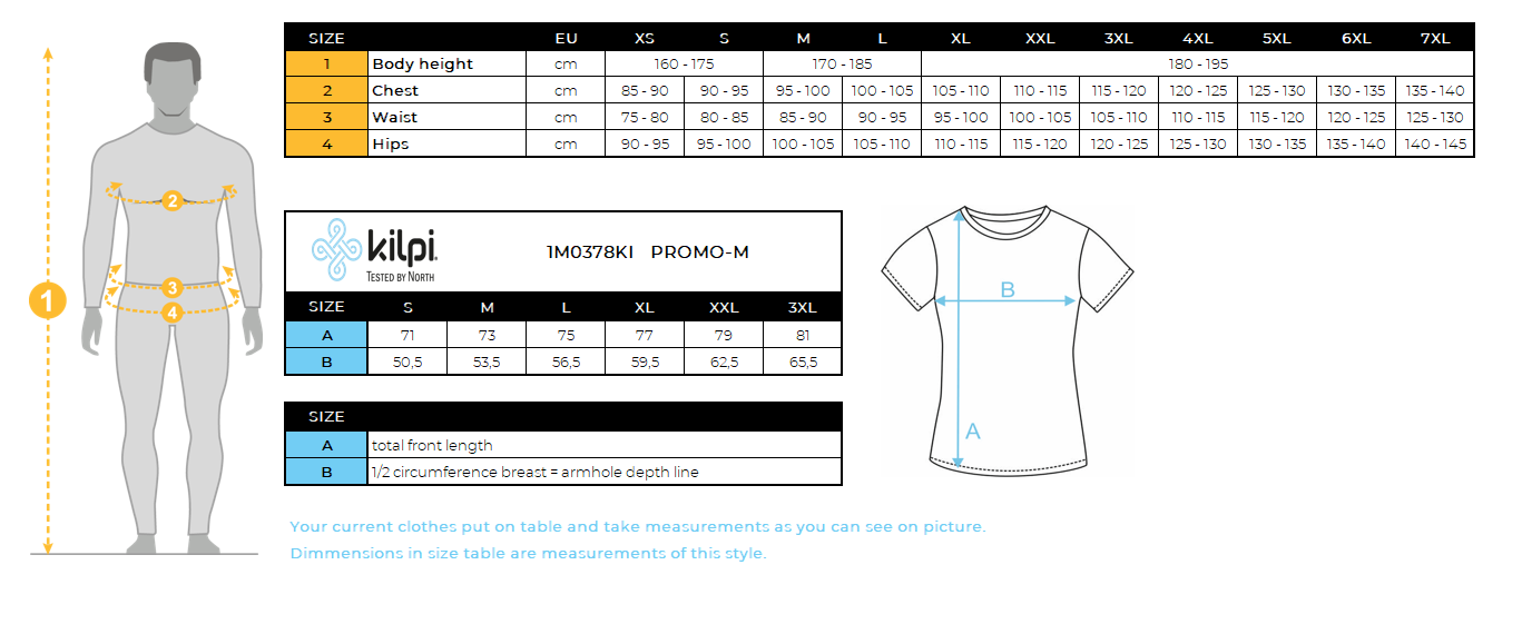 Herren-T-Shirt aus Baumwolle Kilpi PROMO-M – Größentabelle