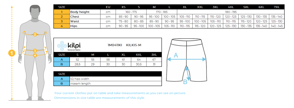Herrentasche SHORTS Kilpi KILKIS-M – Größentabelle