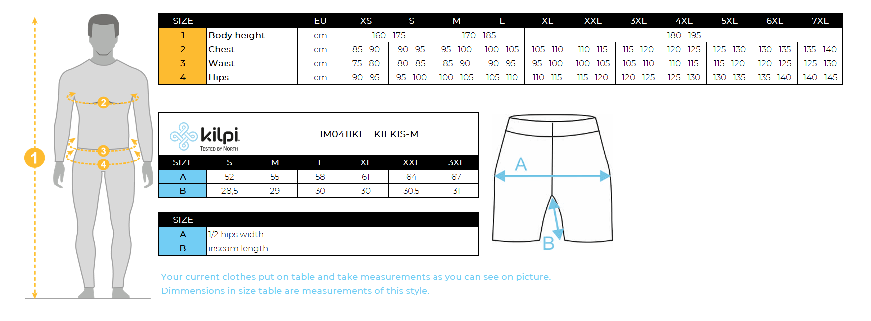 Herrentasche SHORTS Kilpi KILKIS-M – Größentabelle