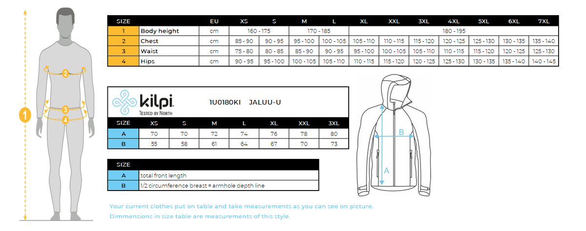 Wasserdichte Outdoor-Jacke Kilpi JALUU-U – Größentabelle