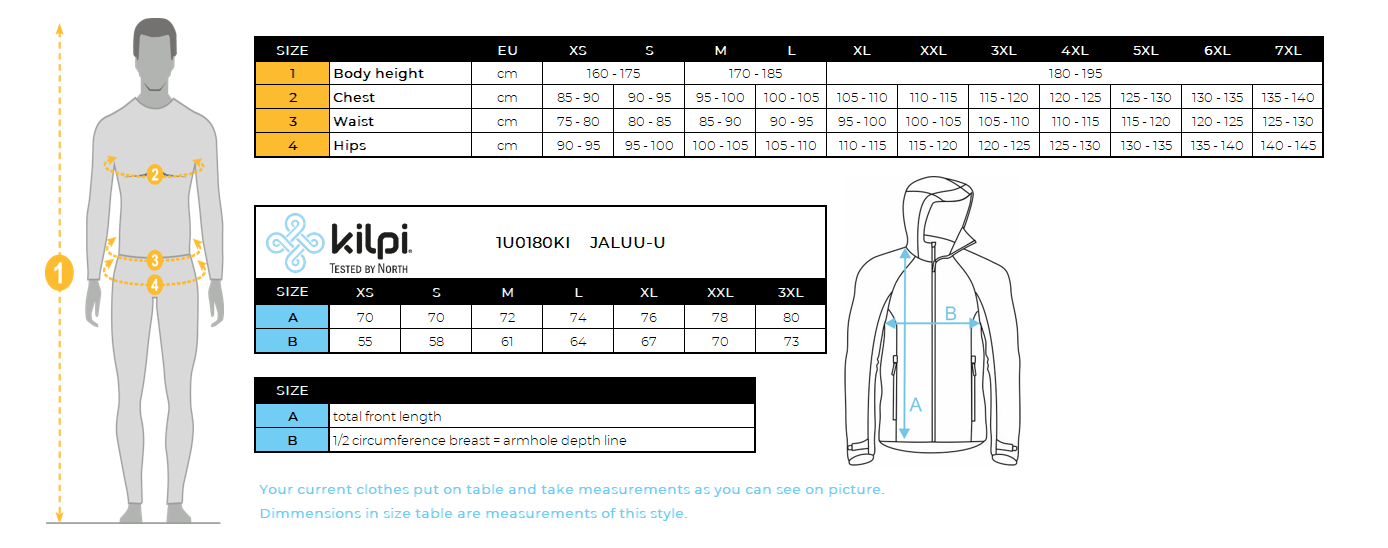 Wasserdichte Outdoor-Jacke Kilpi JALUU-U – Größentabelle