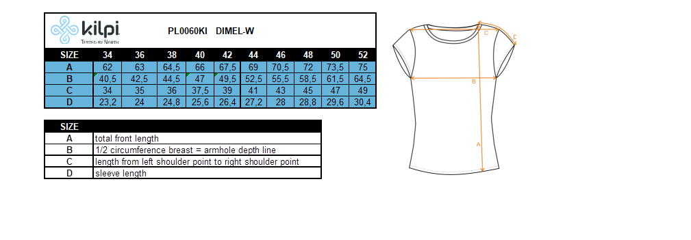 Kilpi DIMEL-W Lauf-T-Shirt für Damen – Größentabelle