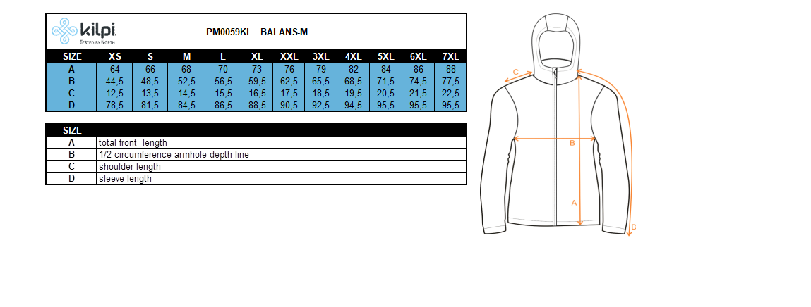 Leichte Softshelljacke für Herren Kilpi BALANS-M – Größentabelle