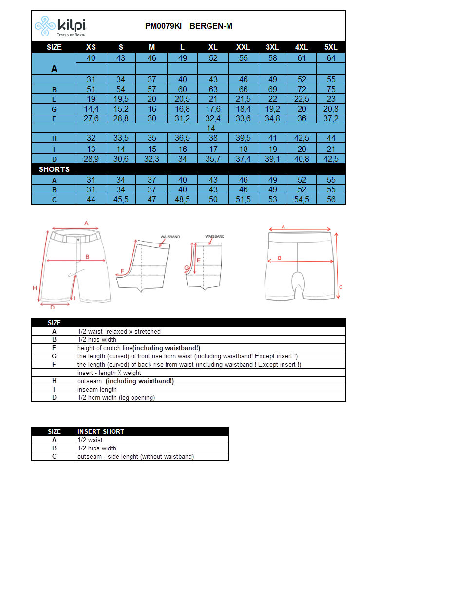 Men´s running shorts 2 in 1 Kilpi BERGEN-M – Size chart