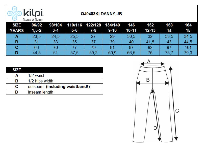 Kinderhose aus Baumwolle Kilpi DANNY-J – Größentabelle