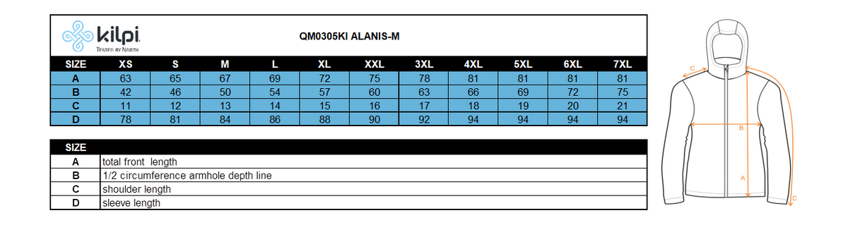 Men´s stretch middle layer Kilpi ALANIS-M – Size chart