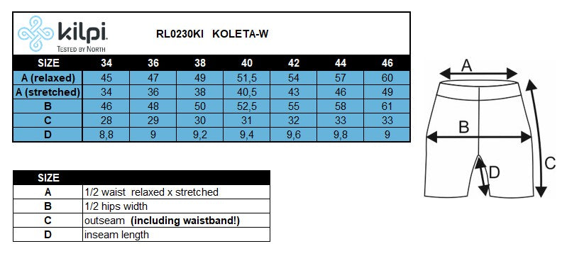 Damen-Shorts Kilpi KOLETA-W – Größentabelle