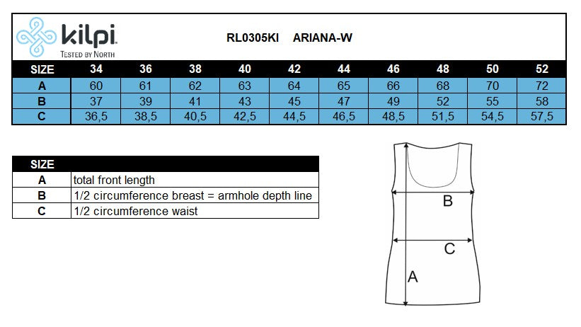 Women´s technical top Kilpi ARIANA-W – Size chart