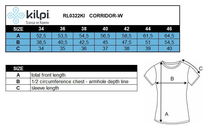 Damen-Radsporttrikot Kilpi CORRIDOR-W – Größentabelle