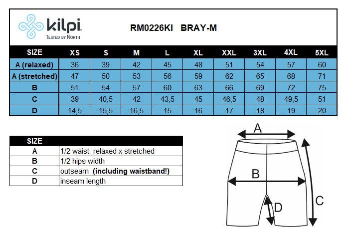 Herren-Shorts Kilpi BRAY-M – Größentabelle