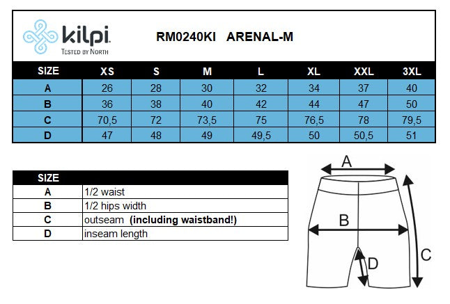 Men´s cycling 3/4 leggings Kilpi ARENAL-M – Size chart