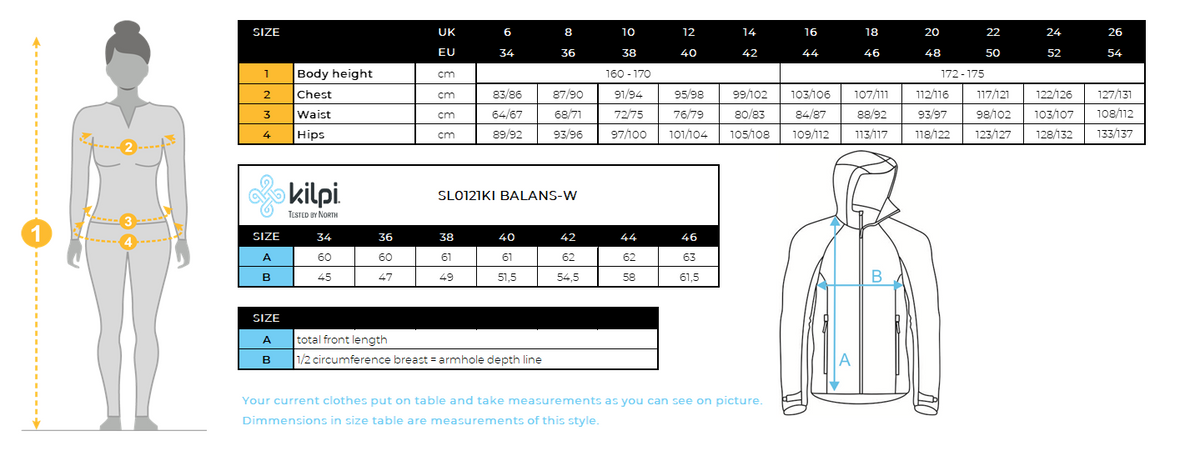 Damen-Softshell-Laufjacke Kilpi BALANS-W – Größentabelle