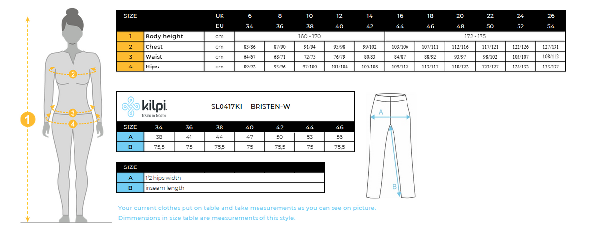 Women´s ski touring pants Kilpi BRISTEN-W – Size chart