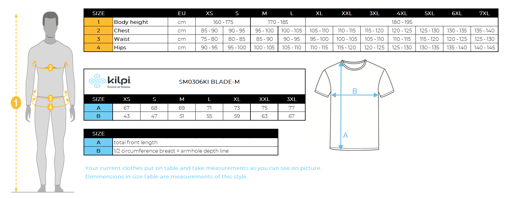 Herren-T-Shirt Kilpi BLADE-M – Größentabelle