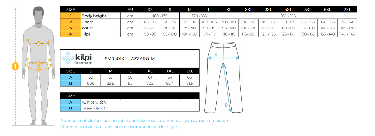 Men's waterproof ski pants Kilpi LAZZARO-M – Size chart