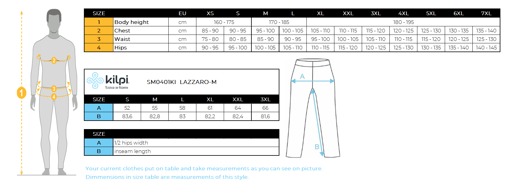Men's waterproof ski pants Kilpi LAZZARO-M – Size chart