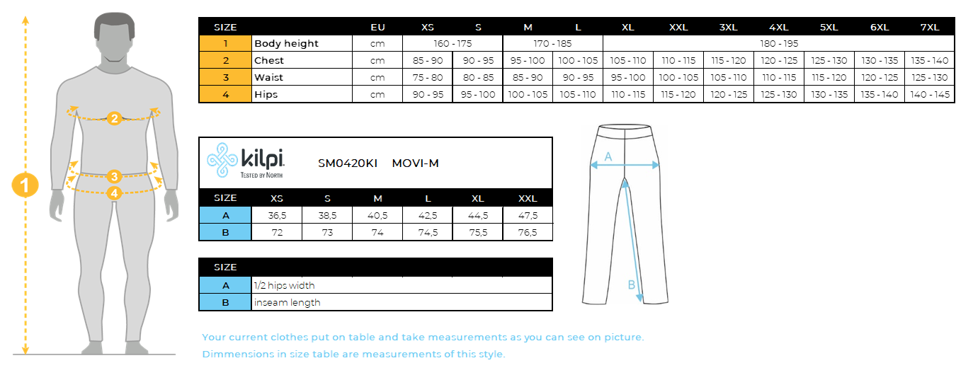 Herren-Radsport-Leggings Kilpi MOVI-M – Größentabelle