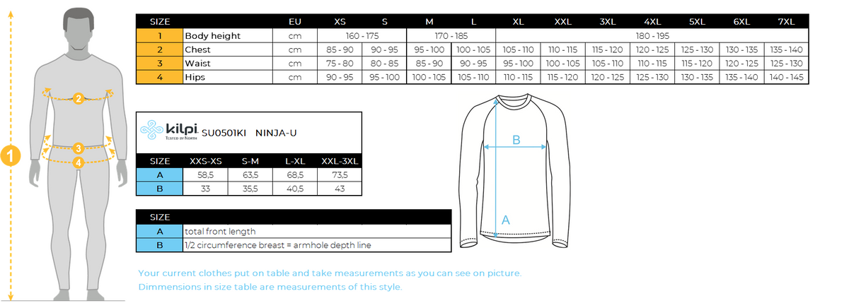 Nahtloses Funktionsshirt Kilpi NINJA-U – Größentabelle