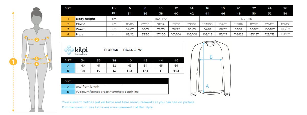 Leichte Damen-Laufjacke Kilpi TIRANO-W – Größentabelle