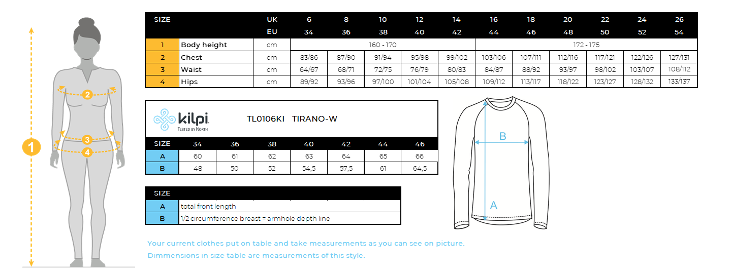 Leichte Damen-Laufjacke Kilpi TIRANO-W – Größentabelle
