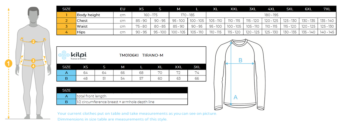Leichte Herren-Laufjacke Kilpi TIRANO-M – Größentabelle