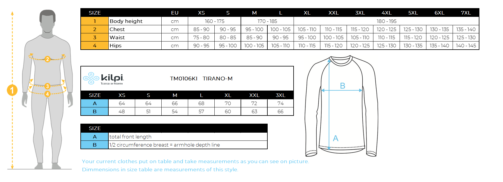 Leichte Herren-Laufjacke Kilpi TIRANO-M – Größentabelle