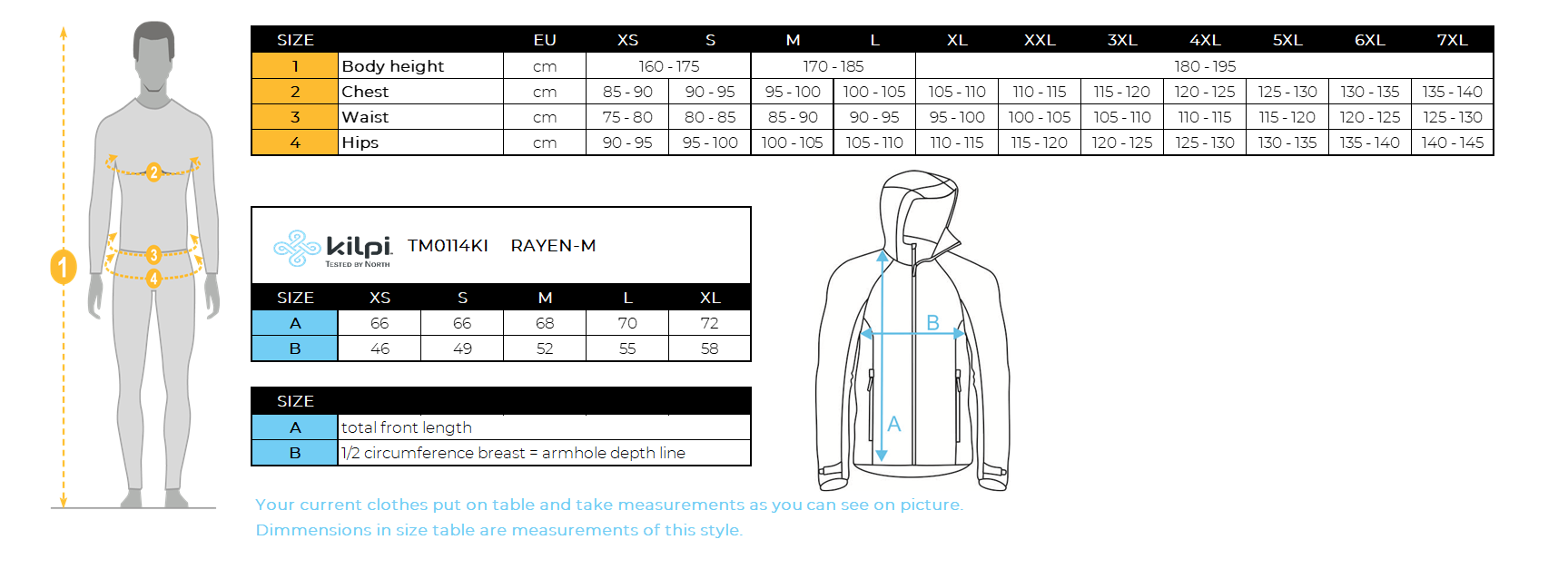 Herren-Hybridjacke Kilpi RAYEN-M – Größentabelle