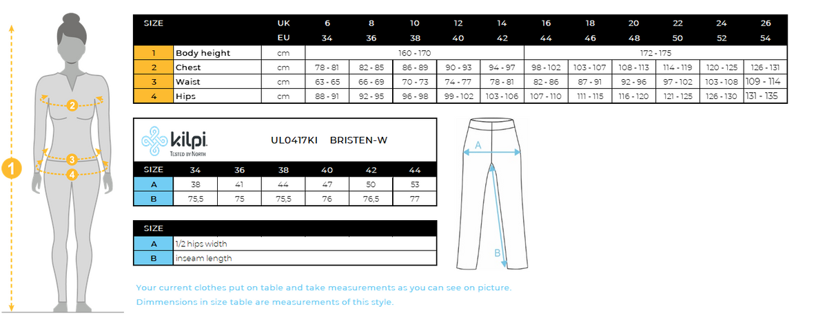 Women´s ski touring pants Kilpi BRISTEN-W – Size chart