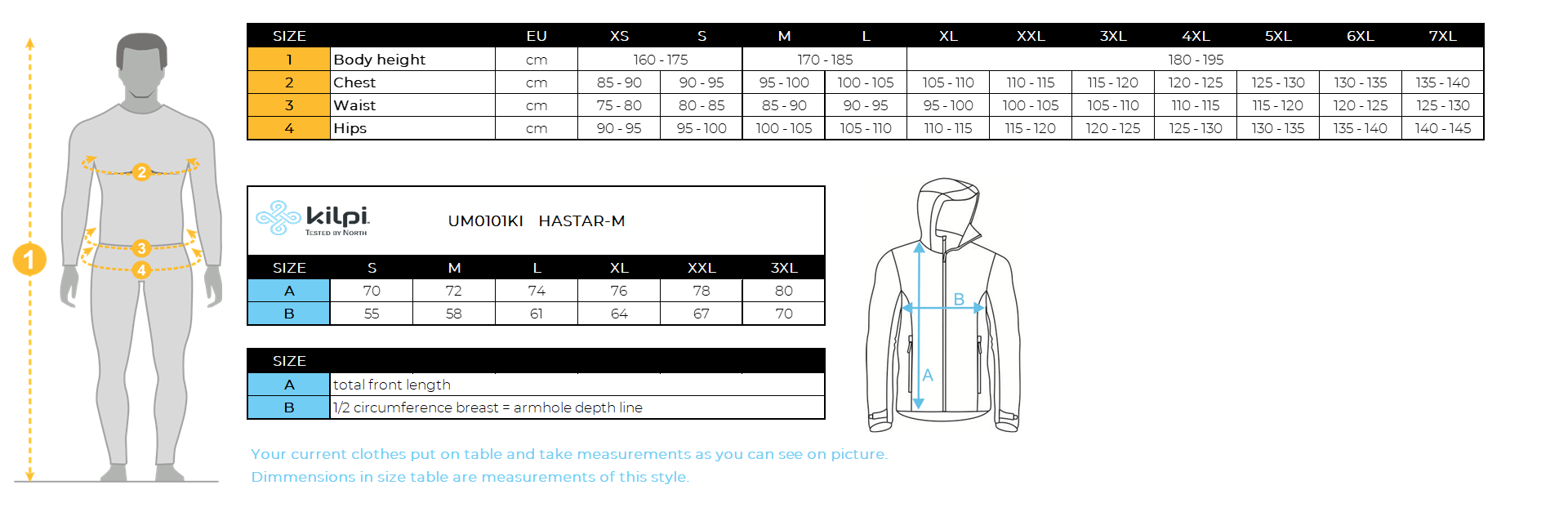 Wasserdichte Outdoor-Jacke für Herren Kilpi HASTAR-M – Größentabelle