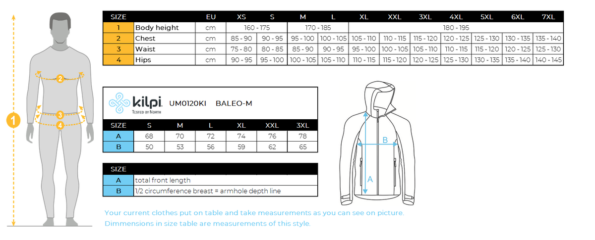 Softshell-Laufjacke für Herren Kilpi BALEO-M – Größentabelle