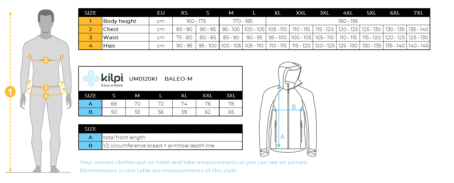 Softshell-Laufjacke für Herren Kilpi BALEO-M – Größentabelle