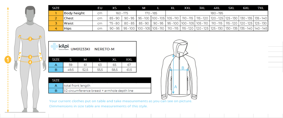 Softshell-Radjacke für Herren Kilpi NERETO-M – Größentabelle