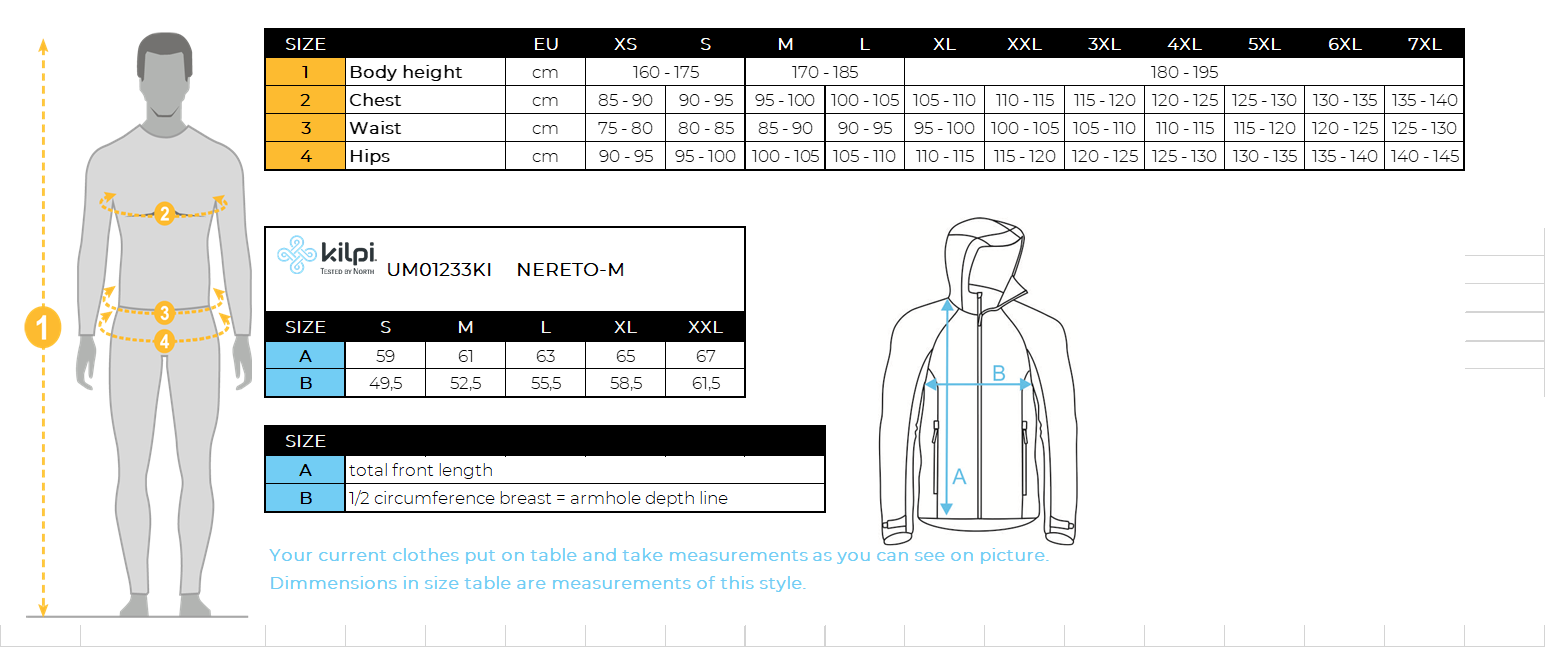 Softshell-Radjacke für Herren Kilpi NERETO-M – Größentabelle