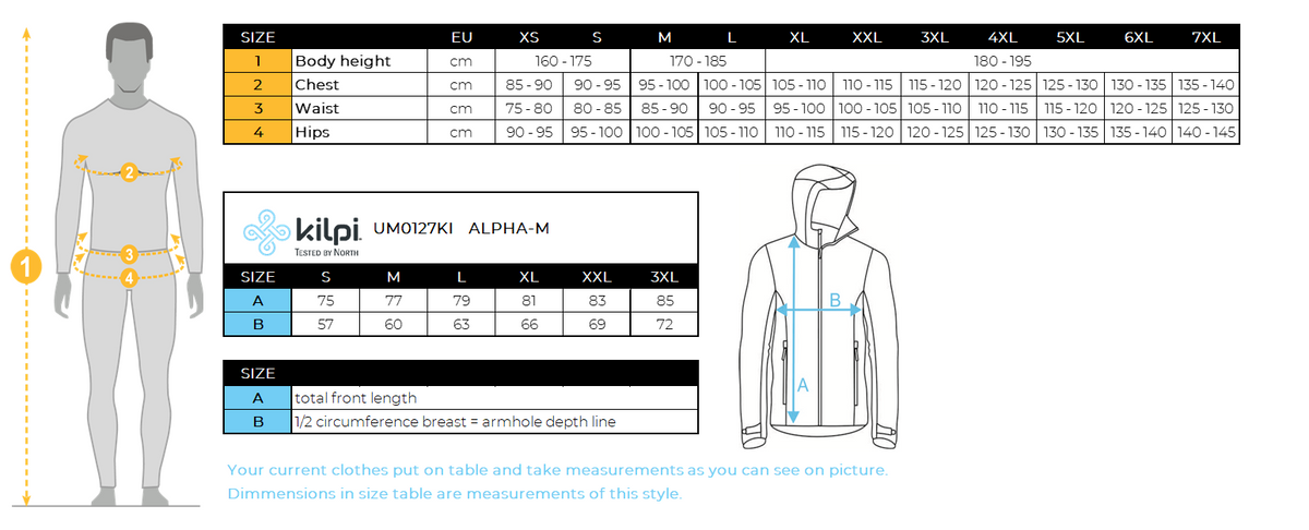 Herren-Wickeljacke Kilpi ALPHA-M – Größentabelle