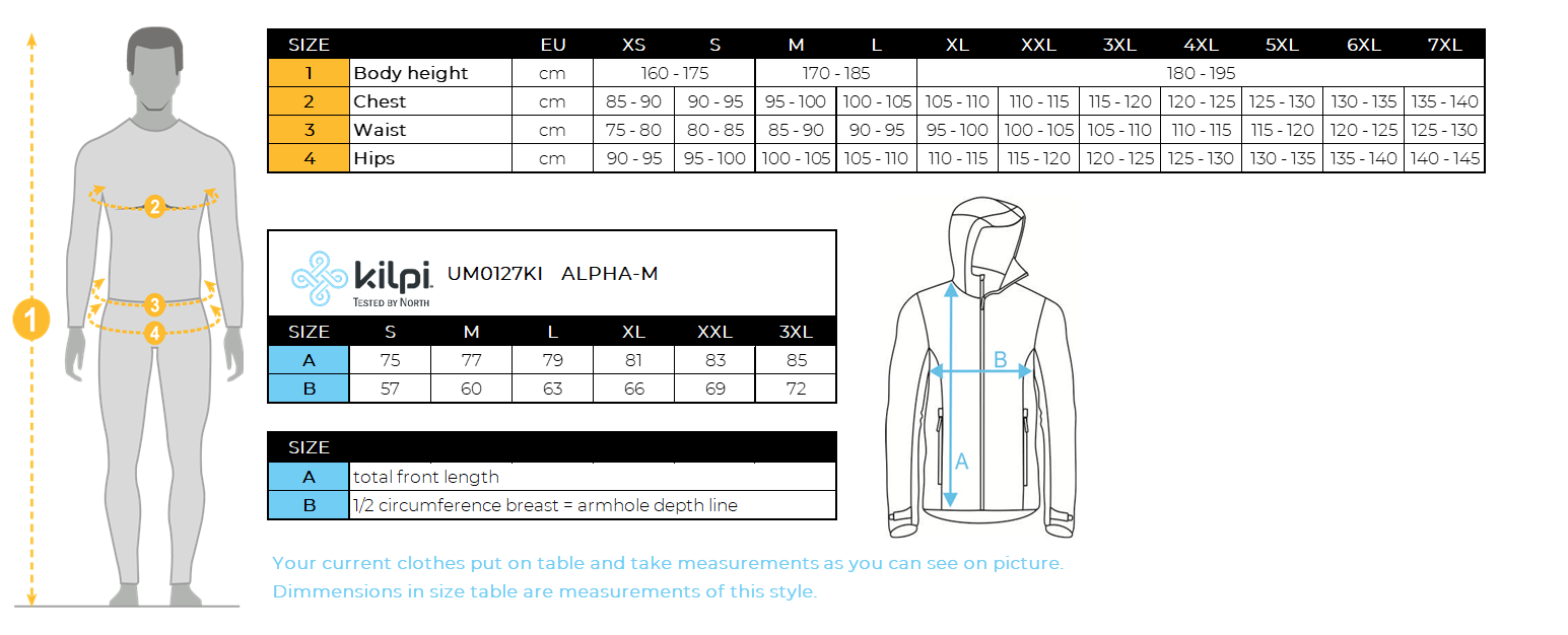 Herren-Wickeljacke Kilpi ALPHA-M – Größentabelle