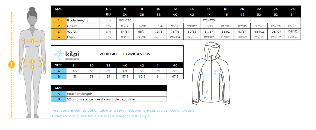 Damen-Membranjacke Kilpi HURRICANE-W – Größentabelle