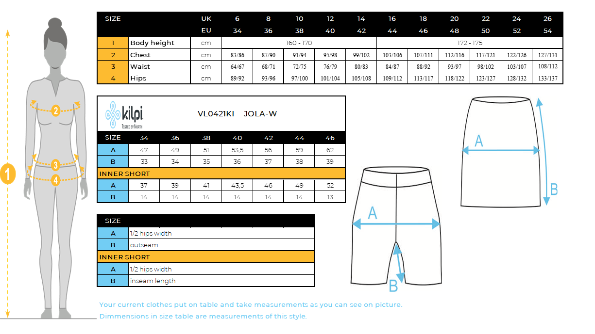 Damen-Radsportrock Kilpi JOLA-W – Größentabelle