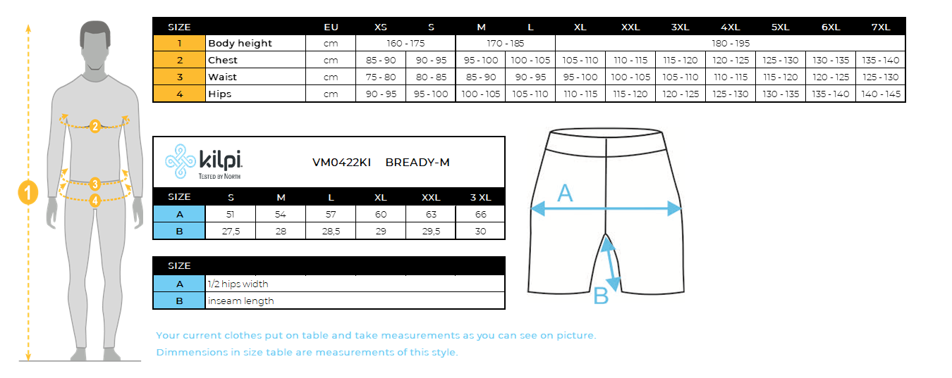 Outdoor-Shorts für Herren Kilpi BREADY-M – Größentabelle