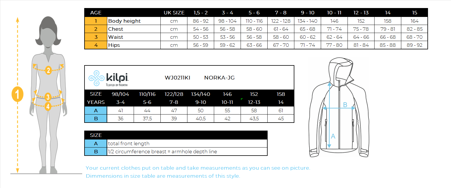 Kilpi NORKA-JG Fleece-Kapuzenpullover für Mädchen – Größentabelle