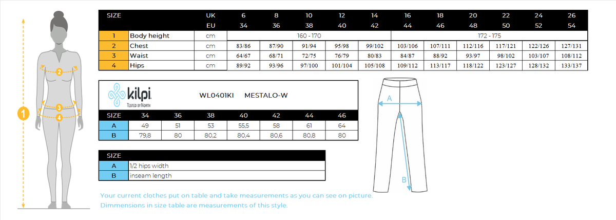 Women's outdoor pants Kilpi MESTALO-W – Size chart