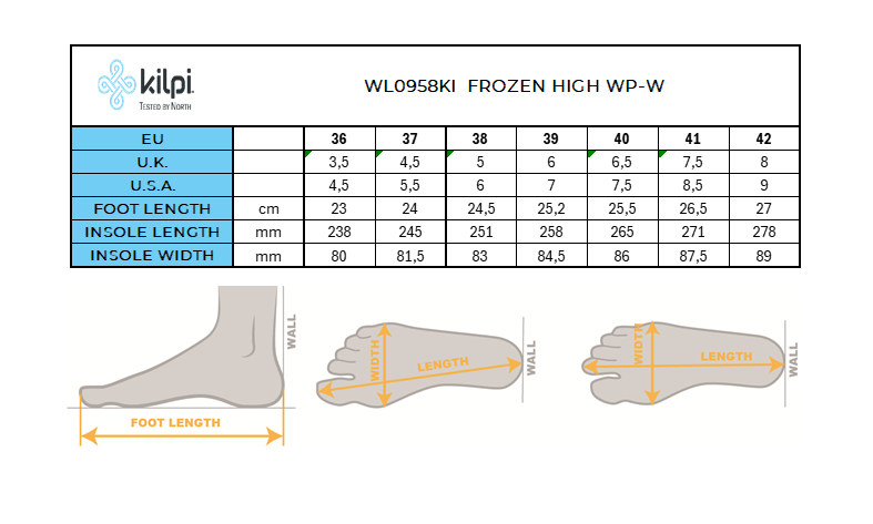 Damen-Hochschneeschuhe Kilpi FROZEN HIGH WP-W – Größentabelle