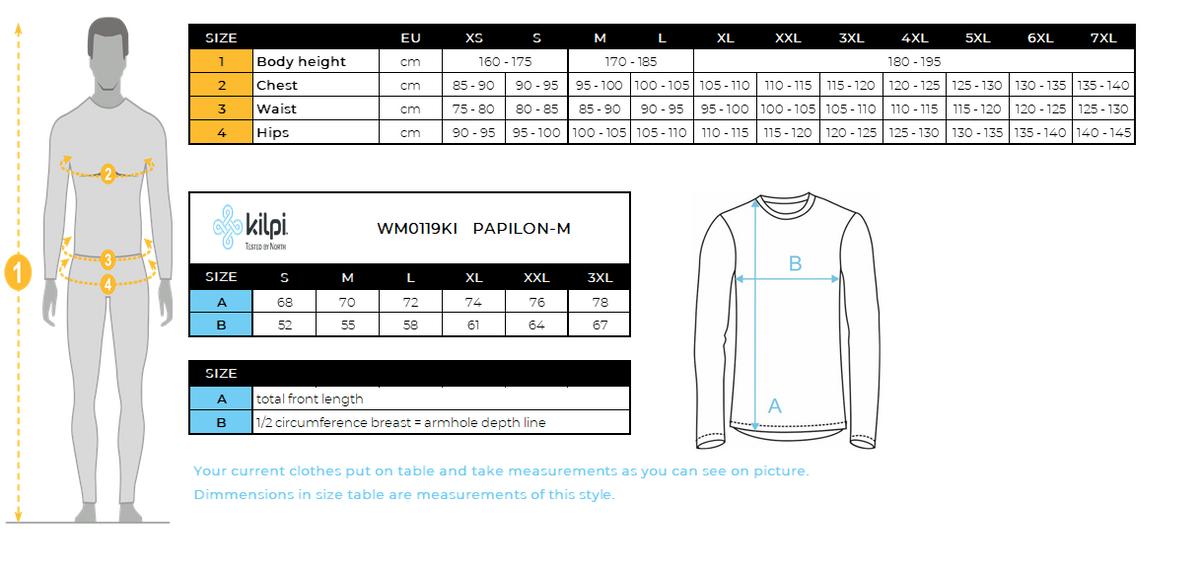 Herren-Daunenjacke Kilpi PAPILON-M – Größentabelle