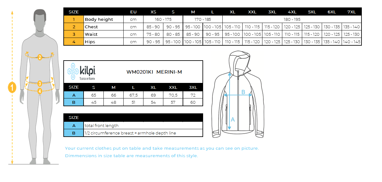 Herren-Merino-Pullover mit Kapuze Kilpi MERINI-M – Größentabelle