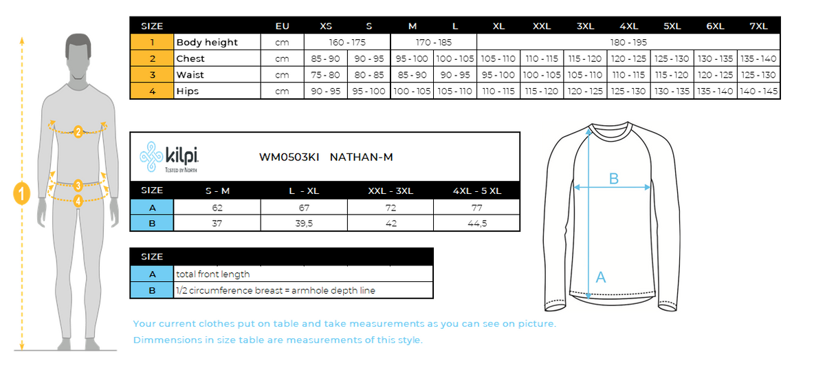 Nahtloses Thermoshirt mit langen Ärmeln für Herren Kilpi NATHAN-M – Größentabelle