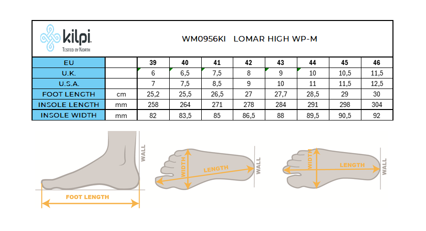 Herren-Freizeit-Winterschuhe Kilpi LOMAR HIGH WP-M – Größentabelle