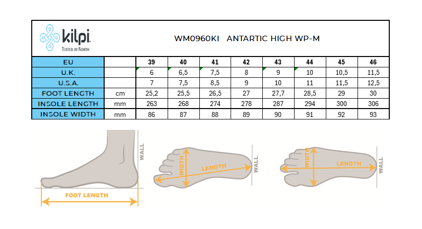 Wärmende, wasserdichte Winterstiefel Kilpi ANTARTIC HIGH WP-M – Größentabelle