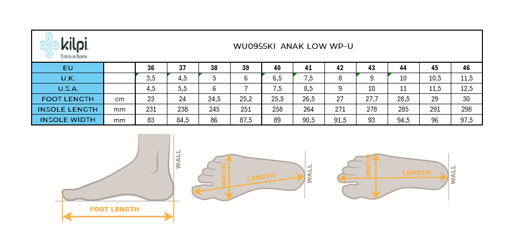 Unisex-Outdoor-Halbschuhe Kilpi ANAK LOW WP-U – Größentabelle